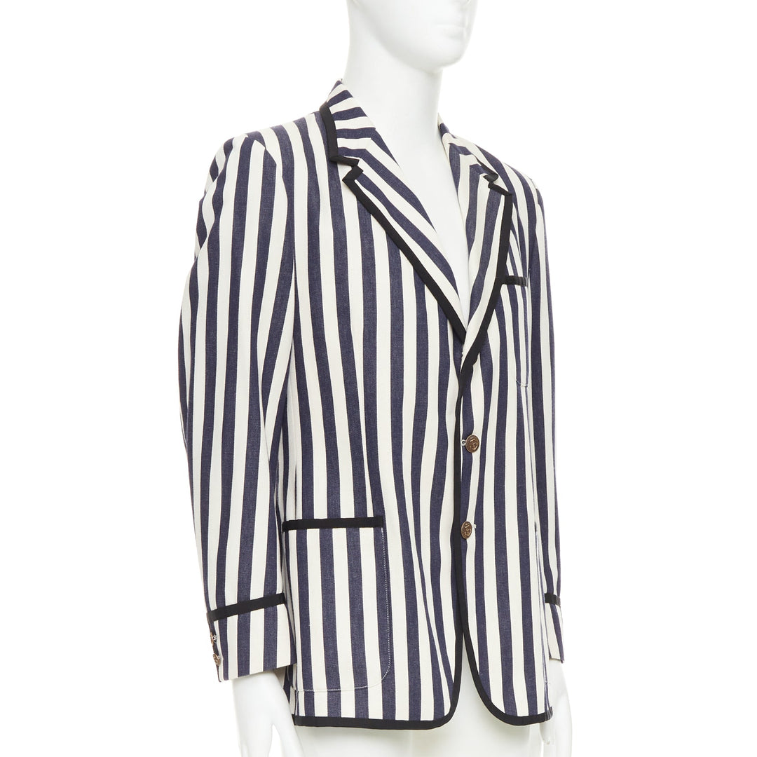 GUCCI navy cream cotton anchor buttons striped nautical blazer IT52 XL