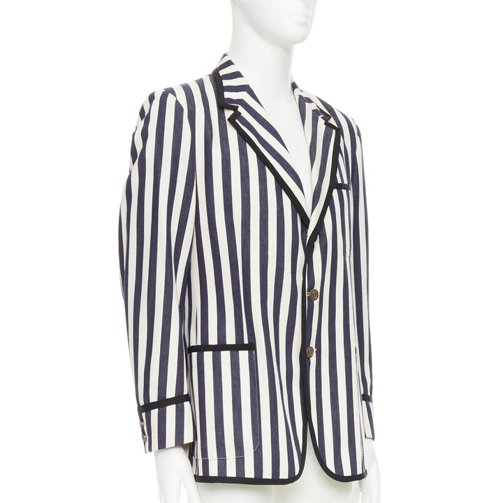 GUCCI navy cream cotton anchor buttons striped nautical blazer IT52 XL
