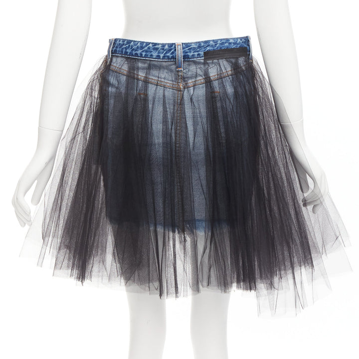 UNRAVEL PROJECT black ruffle tulle overlay blue inside out denim skirt 25"