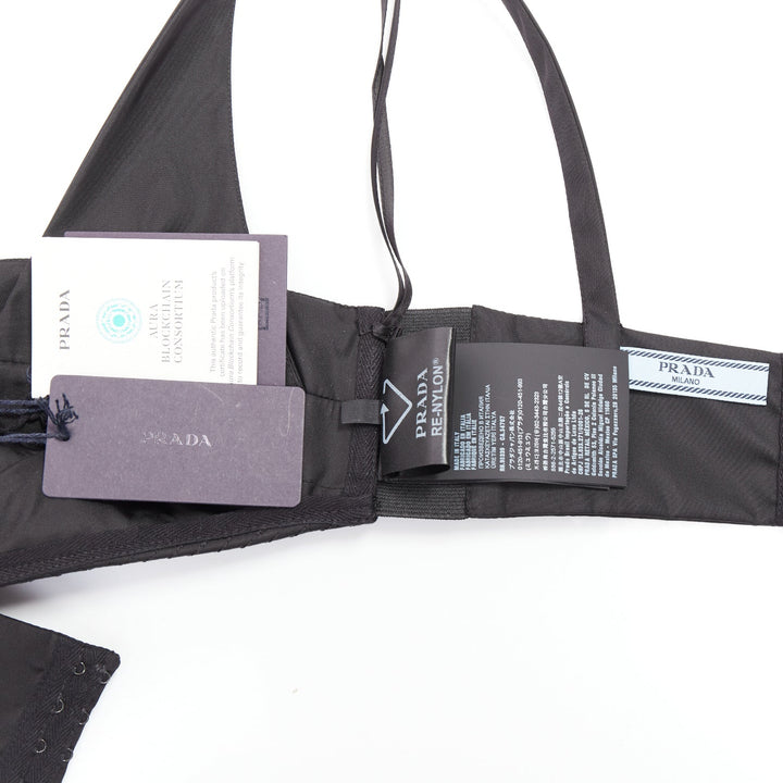 PRADA Re-Nylon black triangle logo cut out contour crop top bralette IT36 XS