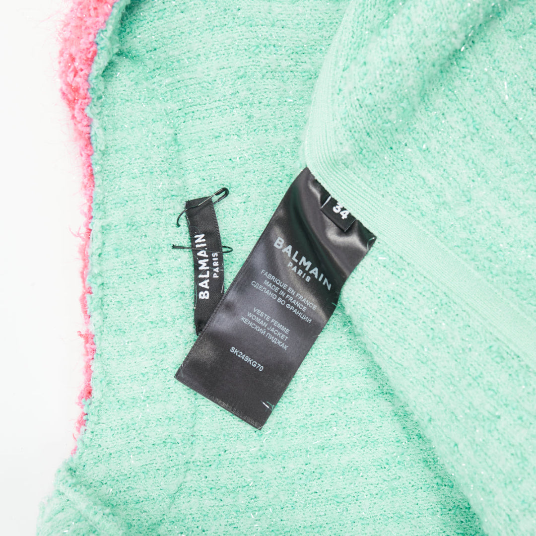 BALMAIN 2024 green pink boucle lurex buttoned knit cardigan FR34 XS