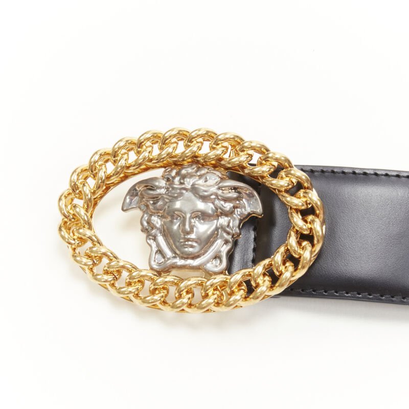 VERSACE Runway Medusa gold chain silver buckle black belt 100cm 38-42"