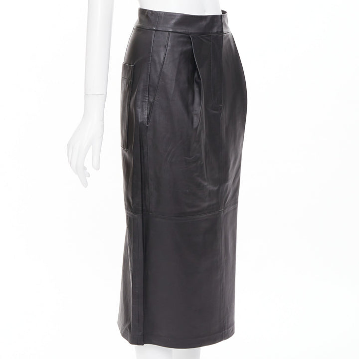 TIBI black lambskin leather pleated front panelled back slit midi skirt US00 XXS