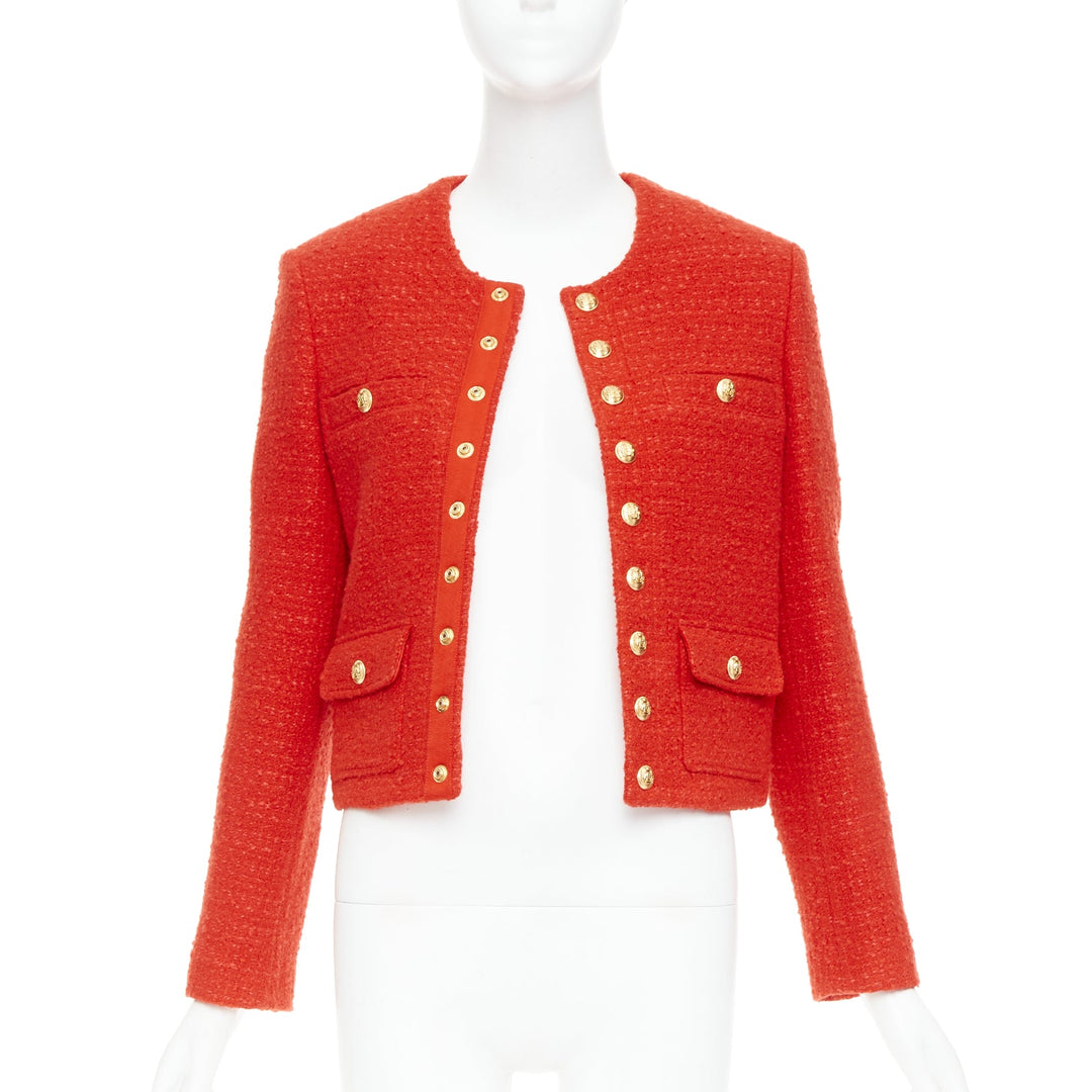 CELINE Chasseur red wool linen tweed gold buttons cropped jacket FR34 XS