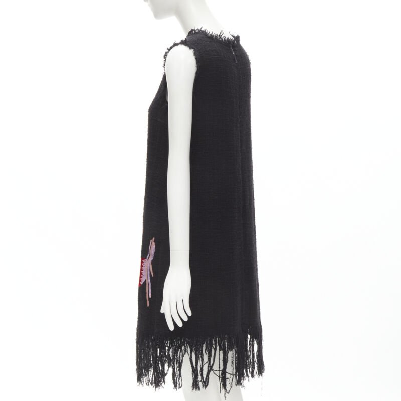 MSGM tweed ethnic bird embroidery fringe hem little black dress IT40 S