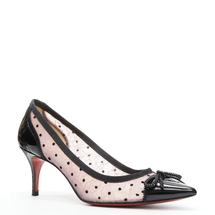 CHRISITIAN LOUBOUTIN Souris 70 pink lace polka dot bow kitten heel EU37.5