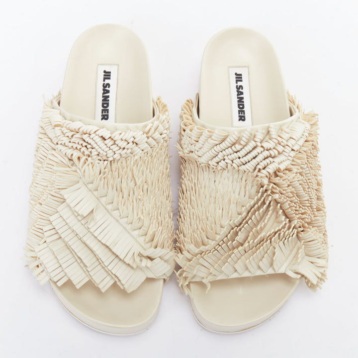 JIL SANDER beige leather fringe platform slides sandals EU38