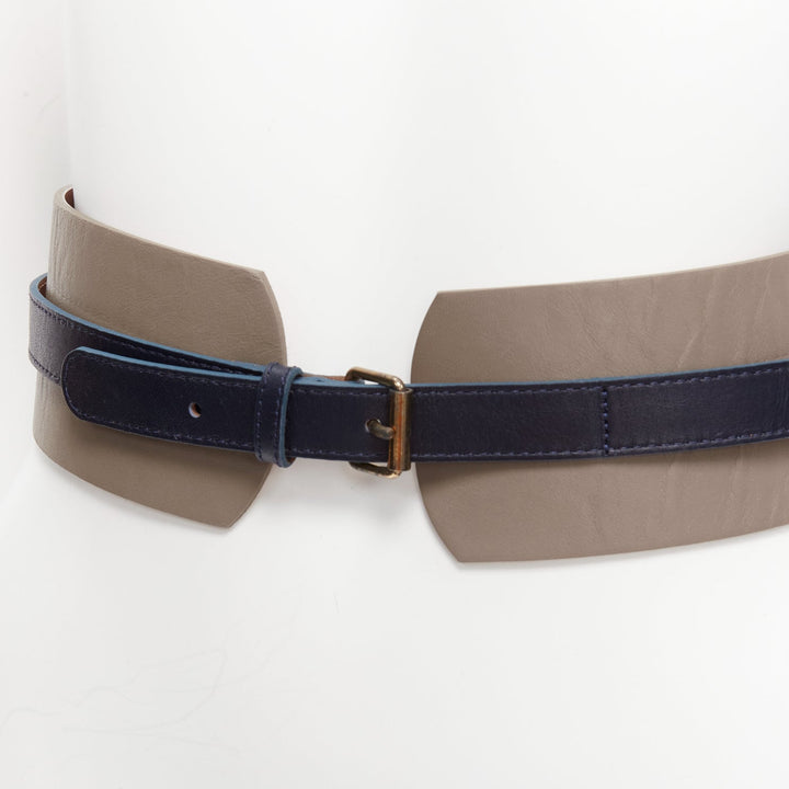 MAISON BOINET brown navy double cowhide leather gold buckle waist belt 70cm
