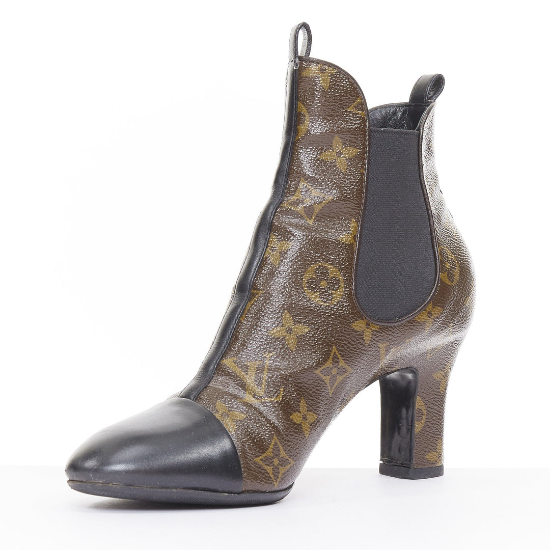 LOUIS VUITTON 2016 Revival monogram canvas patent cap toe Chelsea boots EU38 US8
