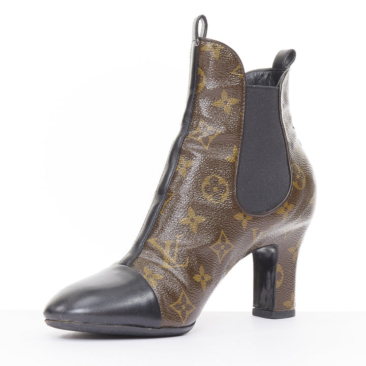 LOUIS VUITTON 2016 Revival monogram canvas patent cap toe Chelsea boots EU38 US8