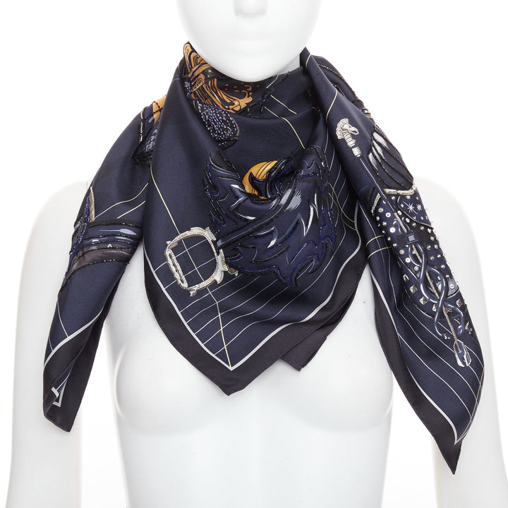 HERMES 2025 Tous en Selle embroidered scarf 90cm 100% silk applique beaded scarf