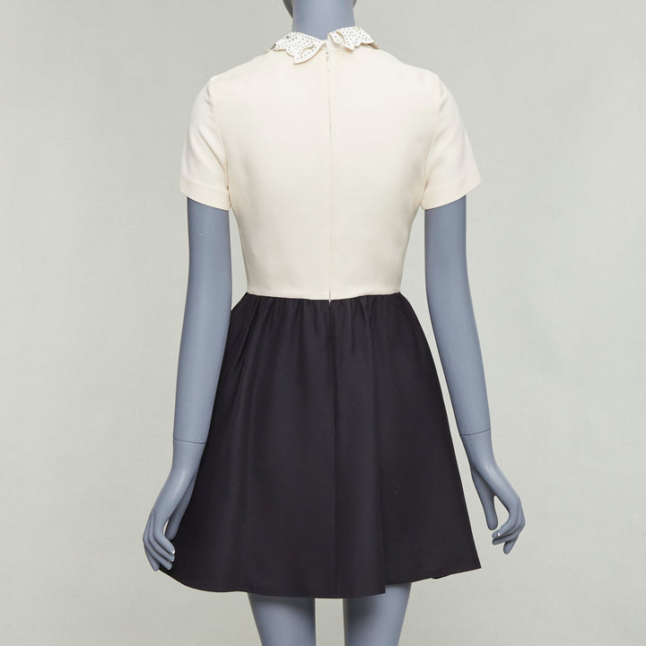 VALENTINO cream black silver studded leather collar bicolor cocktail dress