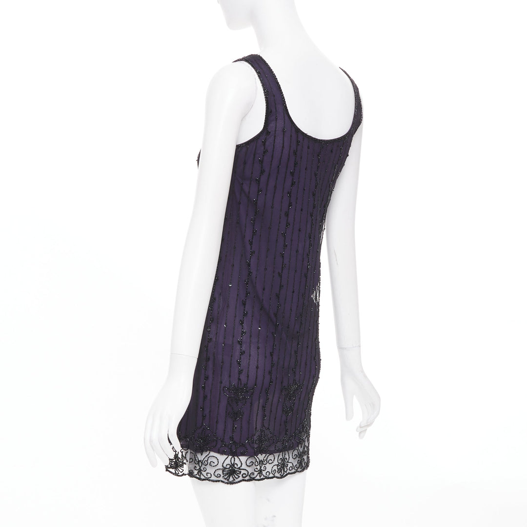 LAUNDRY BY SHELLI SEGAL Vintage purple embroidered beaded shell dress P