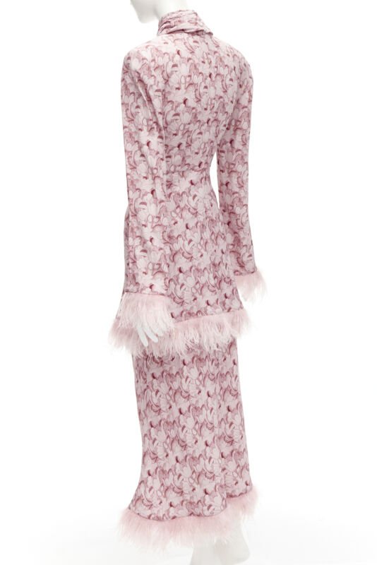 ROWEN ROSE pink Art Deco floral ostrich feather trim tiered midi dress FR34 XS