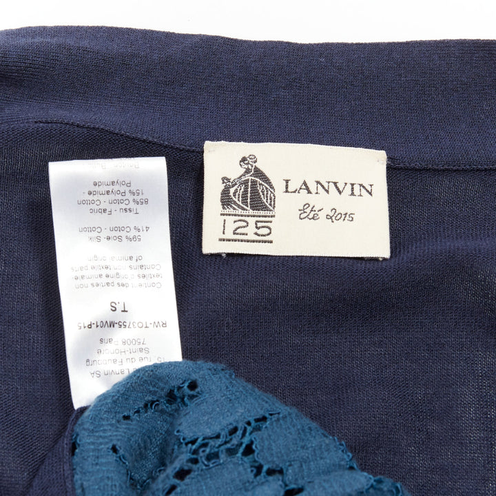 LANVIN 2015 blue silk cotton floral lace sheer long sleeve V neck cardigan S