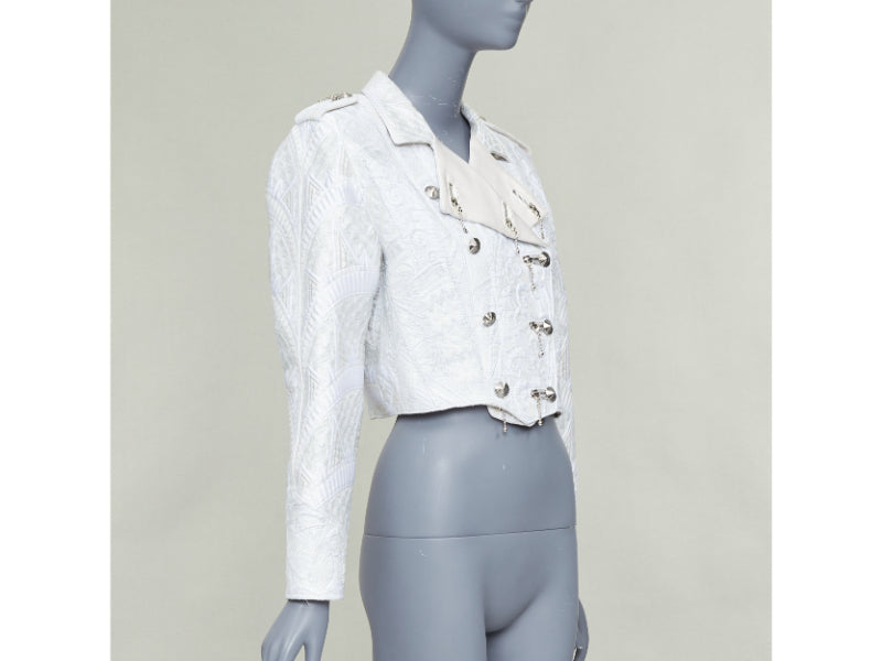 LOUIS VUITTON 2020 Runway ivory silver brocade military crop biker jacket FR36 S