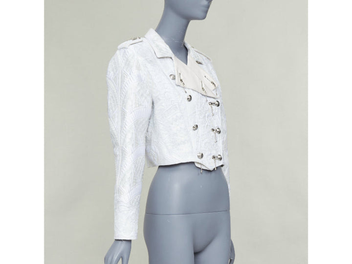 LOUIS VUITTON 2020 Runway ivory silver brocade military crop biker jacket FR36 S