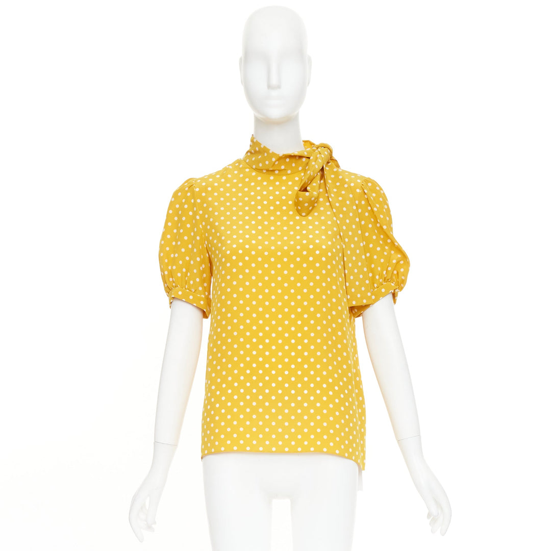 CELINE  100% silk yellow polka dot side pussybow puff sleeves blouse top FR36 S
