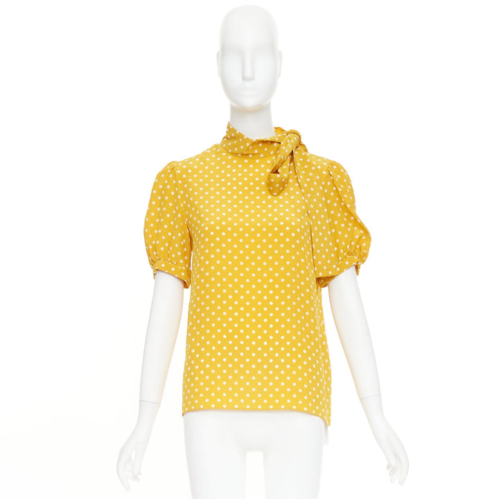 CELINE  100% silk yellow polka dot side pussybow puff sleeves blouse top FR36 S