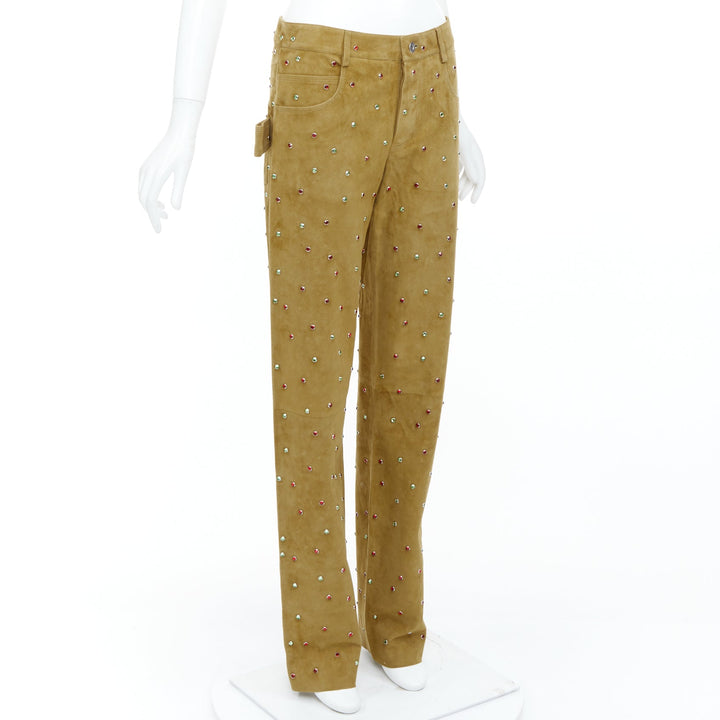 rare BOTTEGA VENETA 2021 Runway brown crystal embellished suede pants IT38 XS