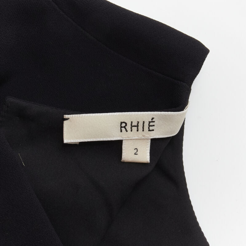 RHIE black satin velvet trim pleated ruffle boxy top US2 S