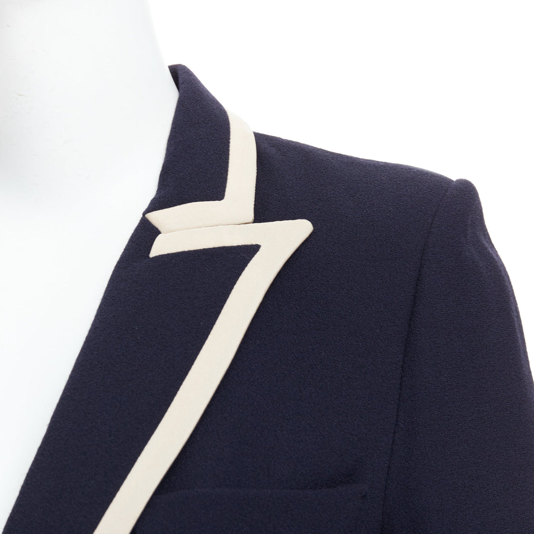 BLAZE MILANO Everyday navy virgin wool cream silk curved pocket blazer US0 XS