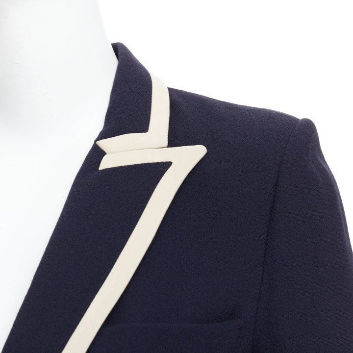 BLAZE MILANO Everyday navy virgin wool cream silk curved pocket blazer US0 XS
