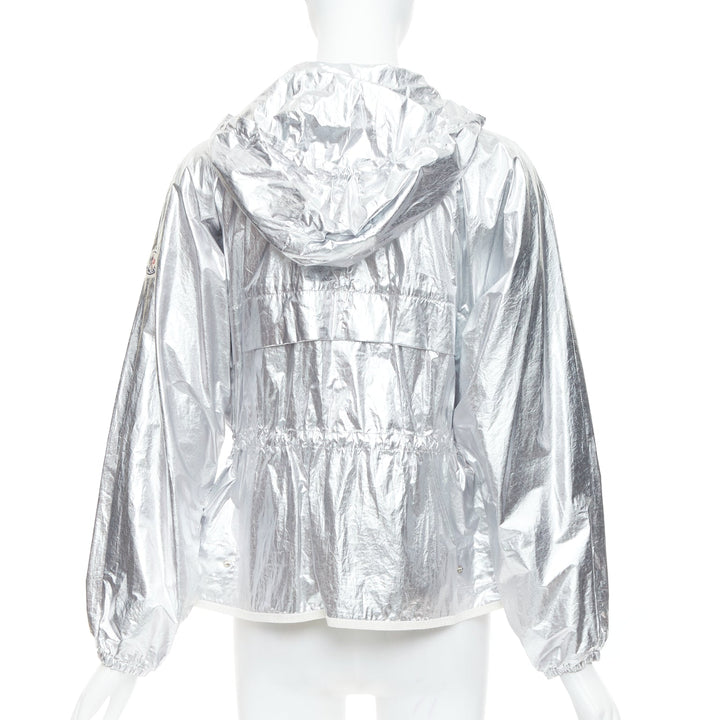 MONCLER silver coated cotton ruched waist hooded windbreaker Sz2
