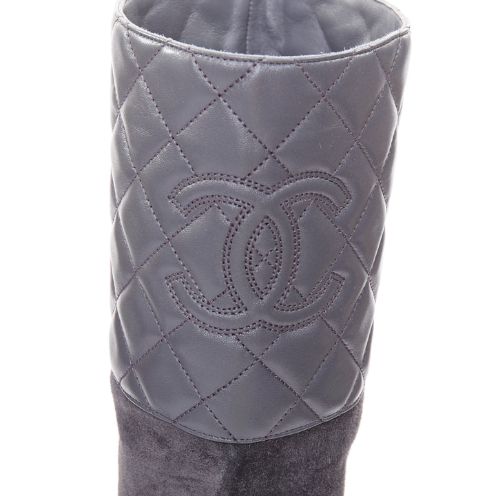 CHANEL 2023 grey suede diamond quilted CC logo block heel boots EU38.5