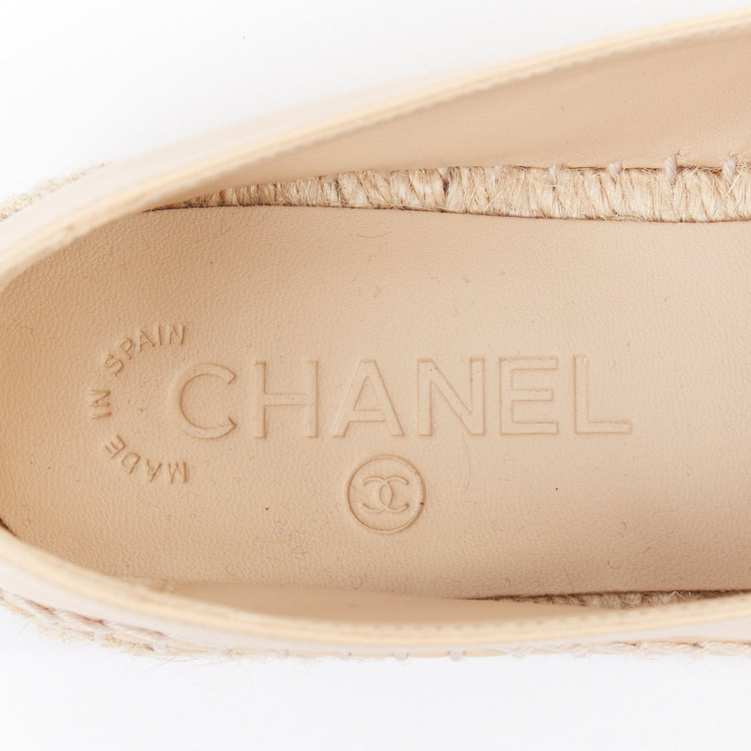 CHANEL nude lamb leather CC logo black toe cap espadrille shoes EU37