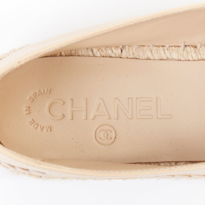 CHANEL nude lamb leather CC logo black toe cap espadrille shoes EU37