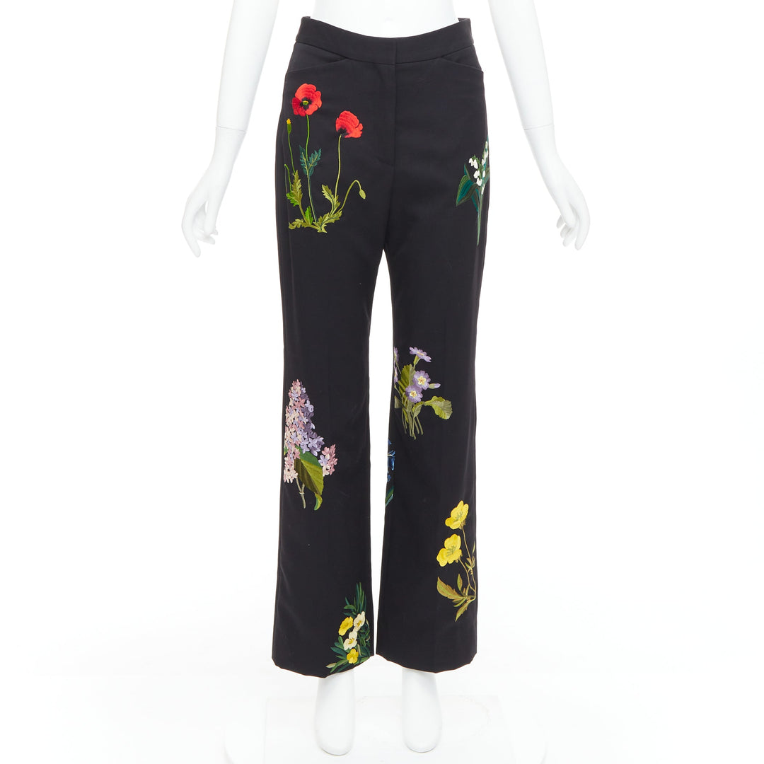 STELLA MCCARTNEY 2015 black 100% wool floral embroidery trousers IT36 XXS