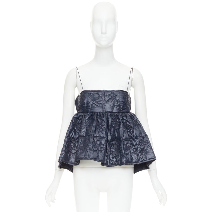 CECILIE BAHNSEN Celina navy floral quilted nylon peplum babydoll top UK6 XS