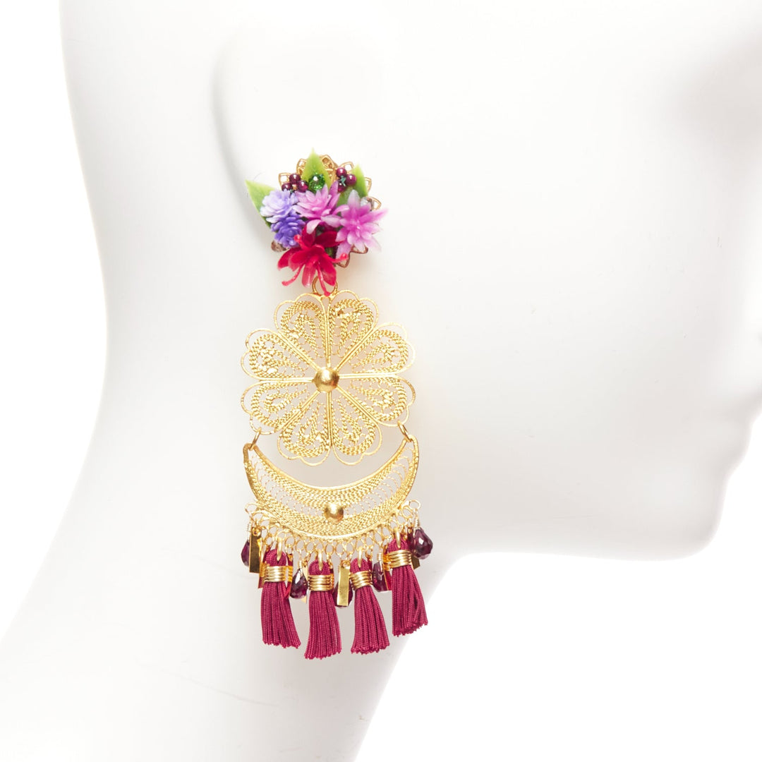 MERCEDES SALAZAR gold flower metal red tassel plastic clip earrings Pair