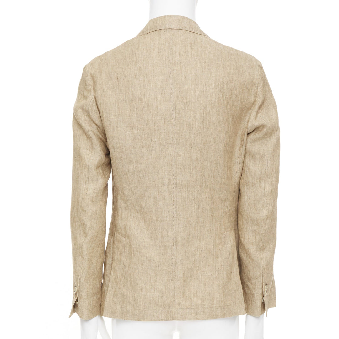 PAOLONI brown textured slub linen notch lapel three button patch jacket EU46 S