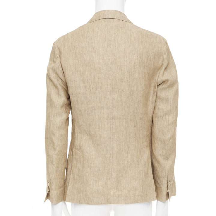 PAOLONI brown textured slub linen notch lapel three button patch jacket EU46 S