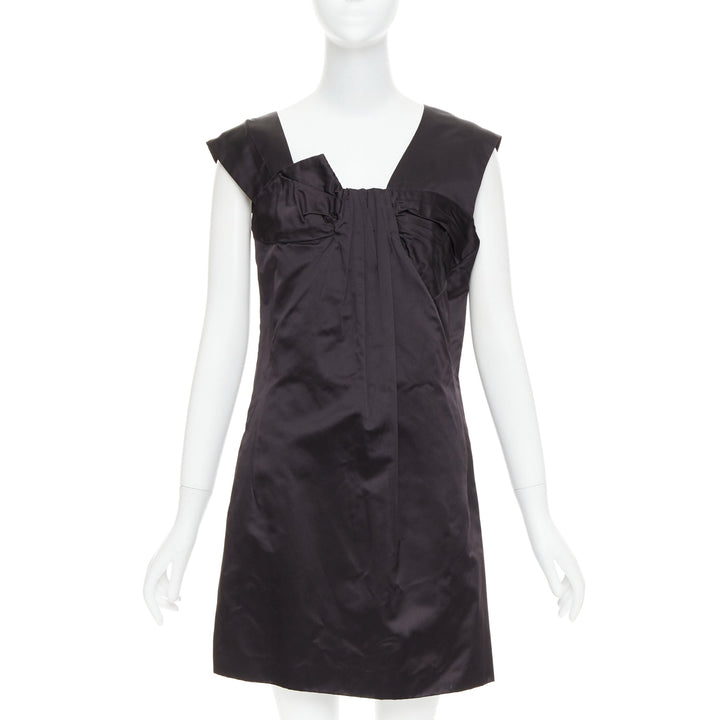 MIU MIU 2009 black silk satin bow top pleated mini dress IT44 L