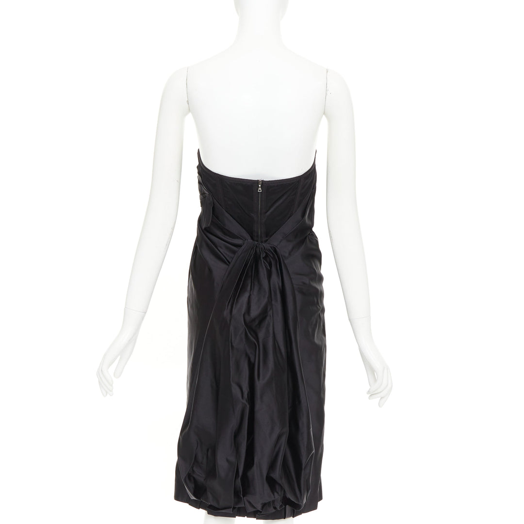 PRADA black silk asymmetric gathered drape corset lined strapless dress IT38 XS