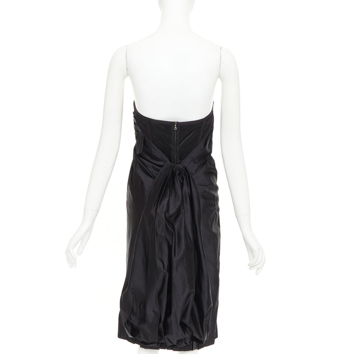 PRADA black silk asymmetric gathered drape corset lined strapless dress IT38 XS