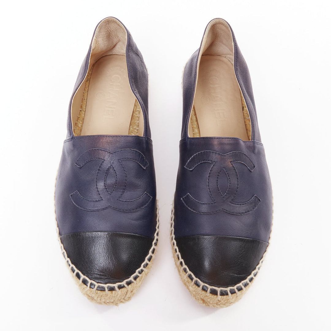 CHANEL navy lambskin leather CC logo applique jute espadrille shoes EU37