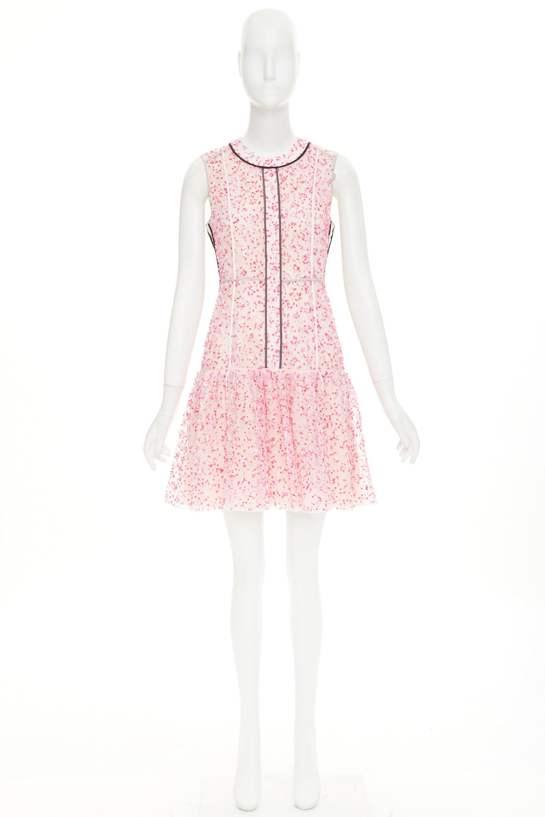 FENDI Flocked Blossom pink sheer black trim drop waist mini dress IT42 M