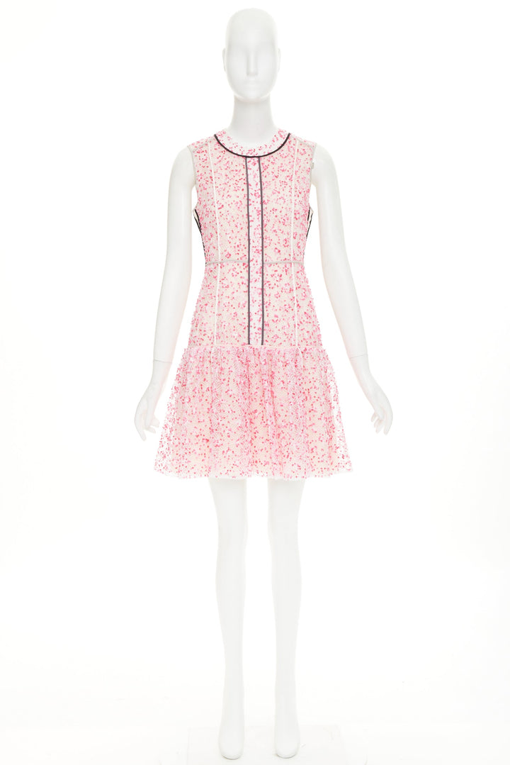 FENDI Flocked Blossom pink sheer black trim drop waist mini dress IT42 M
