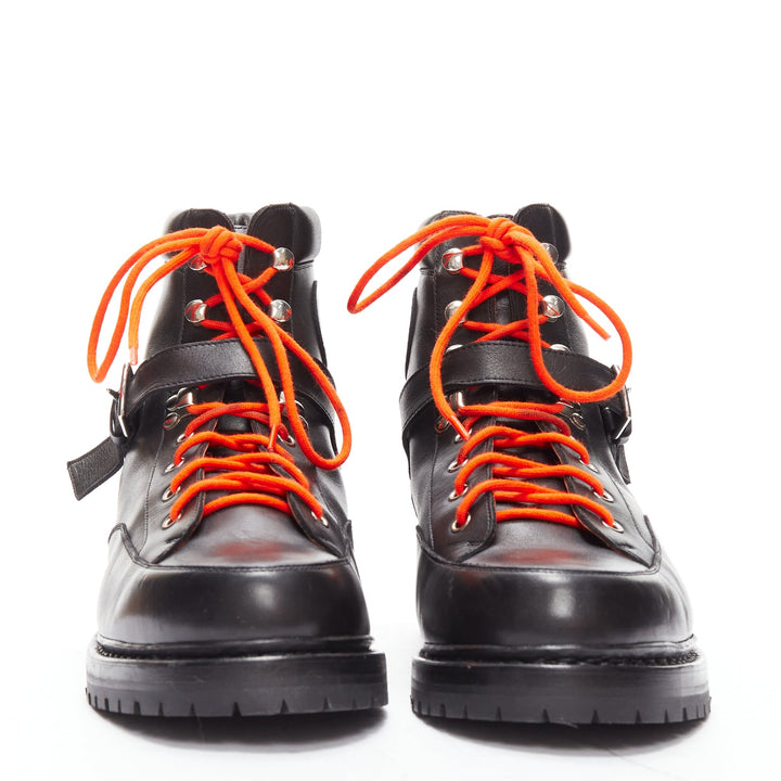 HERMES black smooth leather orange laced hiking boots EU42