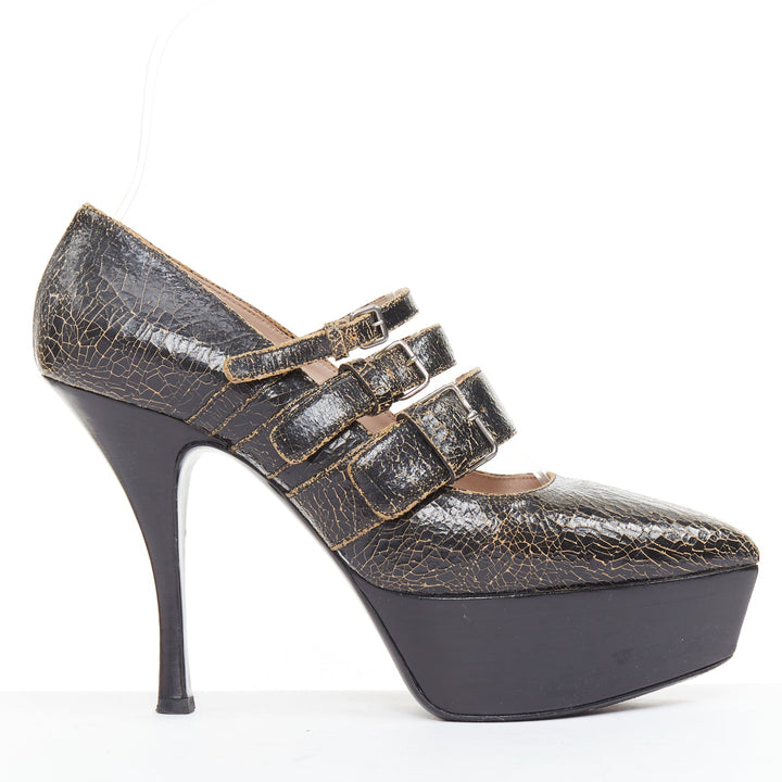 MIU MIU dark brown cracked effect leather triple strap platform heels EU37