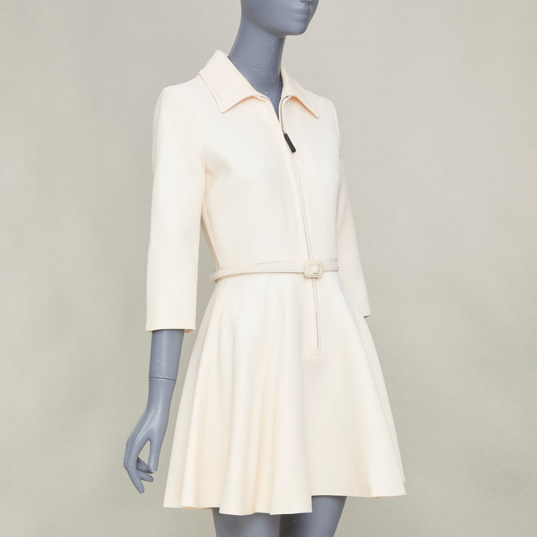 CHRISTIAN DIOR 2019 ivory wool silk zip front belted flared mini dress FR36 S