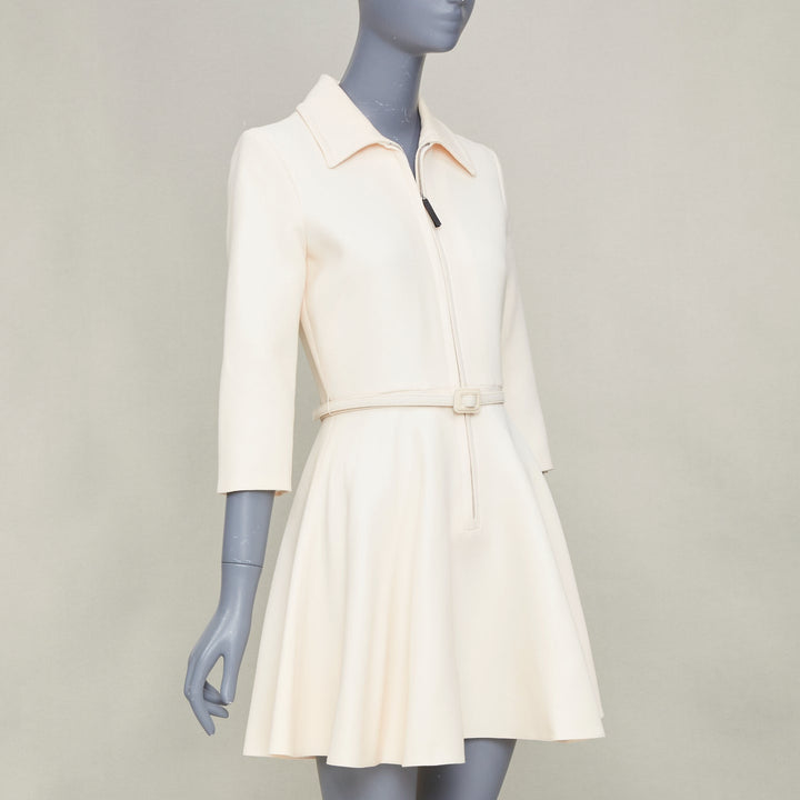 CHRISTIAN DIOR 2019 ivory wool silk zip front belted flared mini dress FR36 S