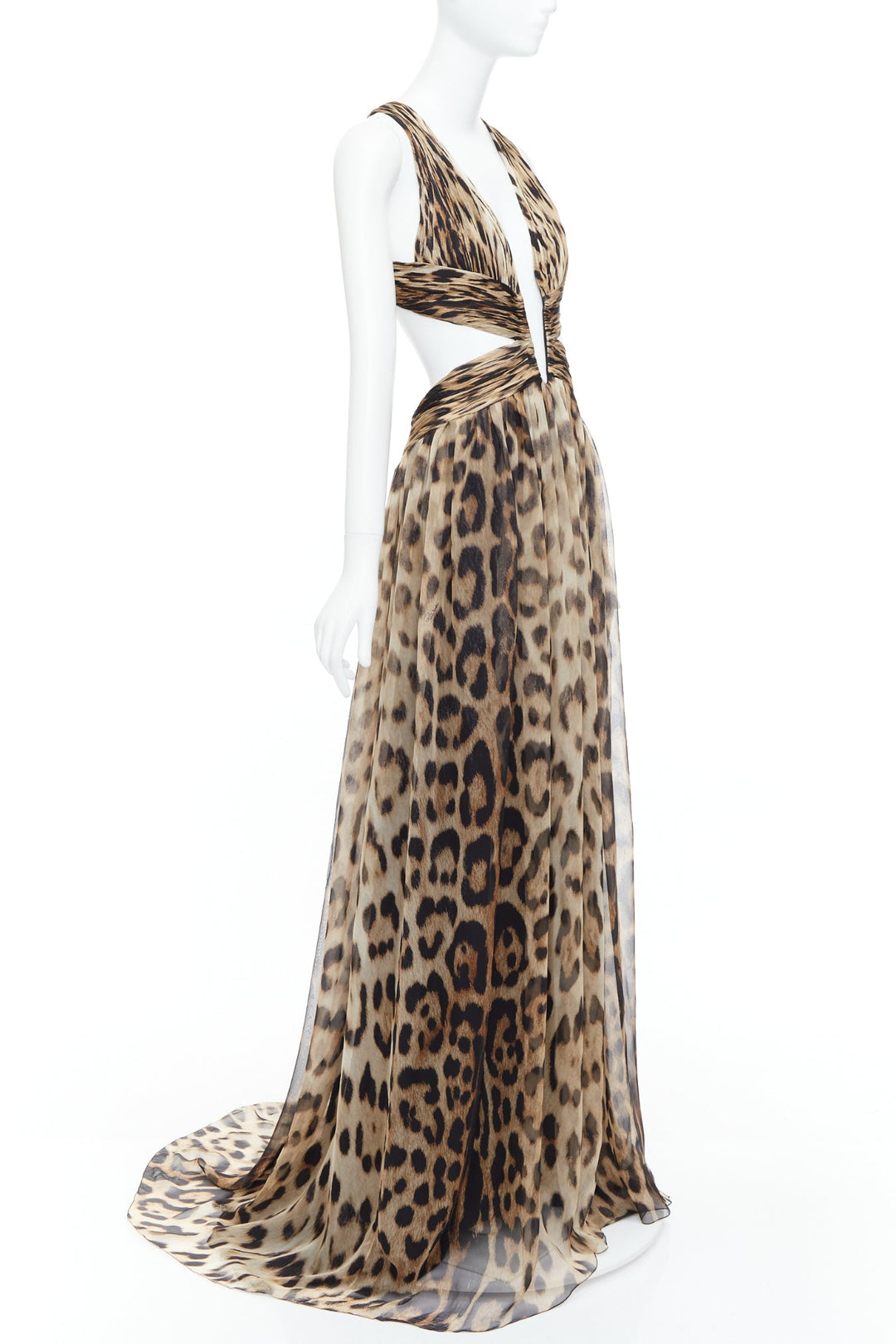 ROBERTO CAVALLI 2014 Runway brown leopard 100% silk cut out gown IT40 S