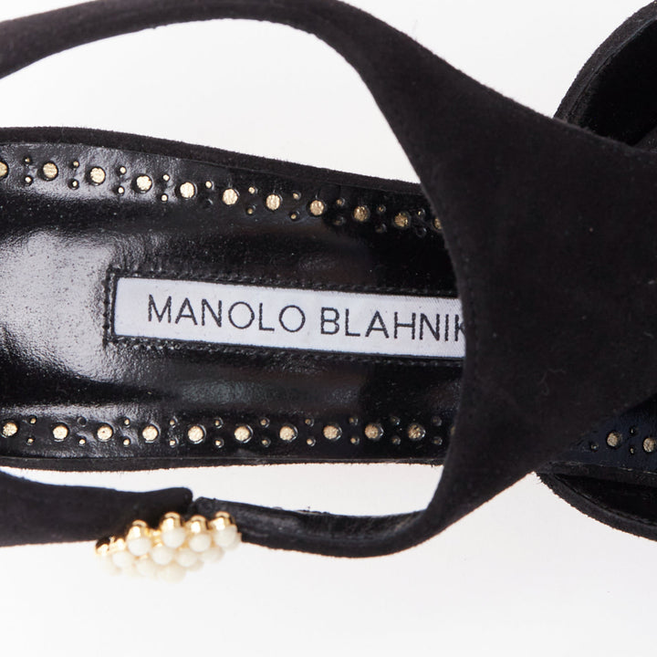 MANOLO BLAHNIK Shufta 50 black suede pearl button kitten heels EU37