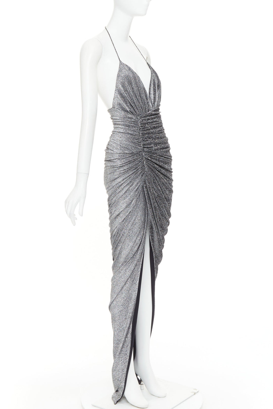 ALEXANDRE VAUTHIER metallic silver lurex knit ruched backless halter dress