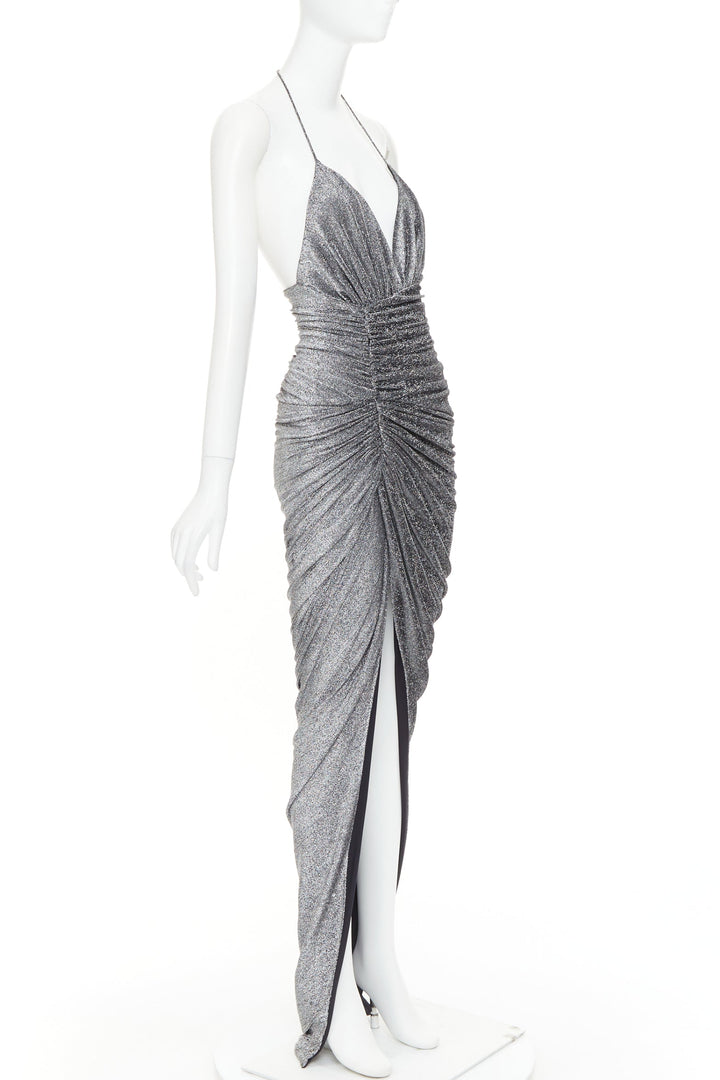 ALEXANDRE VAUTHIER metallic silver lurex knit ruched backless halter dress